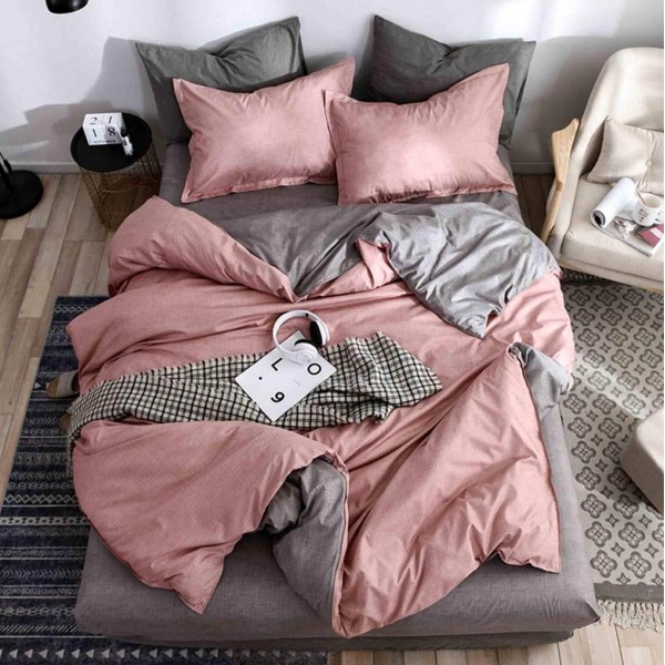 Lenjerie pat dublu (140x200cm, 160x200cm, 180x200cm), bumbac satinat, cearsaf clasic, 4 piese,  Roz [1]