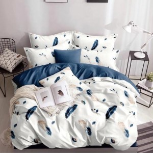 Lenjerie pat dublu, bumbac satinat, cearsaf clasic, 4 piese,  Albastru, pene