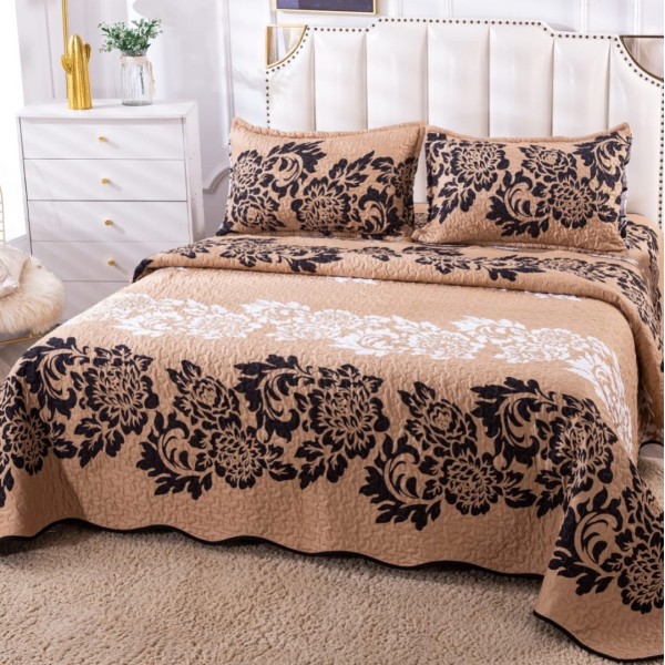 Cuvertura pat dublu din Bumbac Satinat Superior, 3 PIESE, Negru, floral [1]