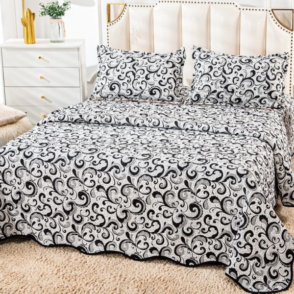 Cuvertura pat dublu din Bumbac Satinat Superior, 3 PIESE, Negru, floral [1]