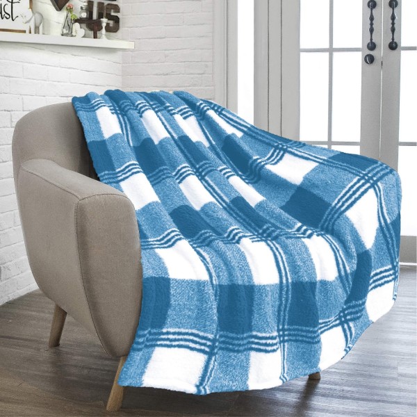 Patura pufoasa cocolino, 200x230cm, 350gr, carouri, Alb-Albastru [1]