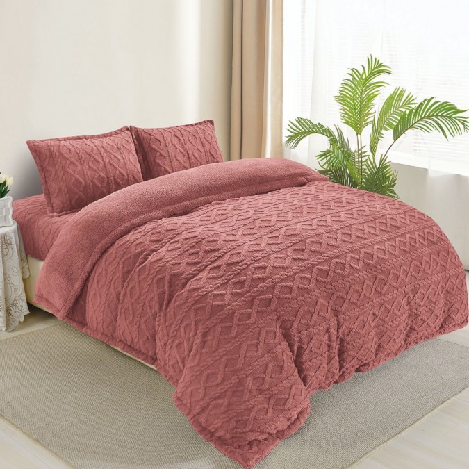 Lenjerie pentru pat dublu, pufoasa CoCoLiNo, tip tricotaj, cu blanita, 4 piese, Roz prafuit