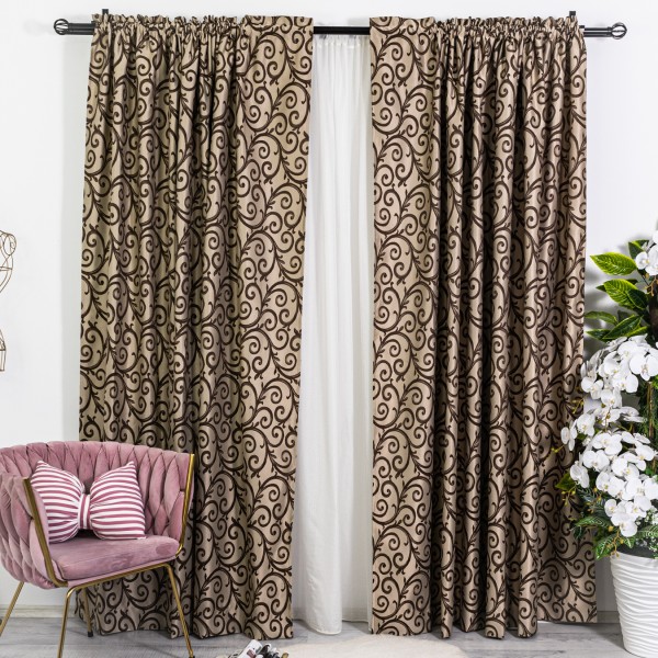 Set 2 Draperii din Jacquard Satinat - 200cm x 232cm ,Tiv lat , Bej - Maro [1]
