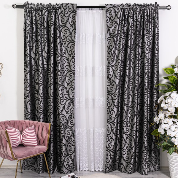 Set 2 Draperii din Jacquard Satinat - 200cm x 232cm, Tiv lat , Gri - Negru [1]