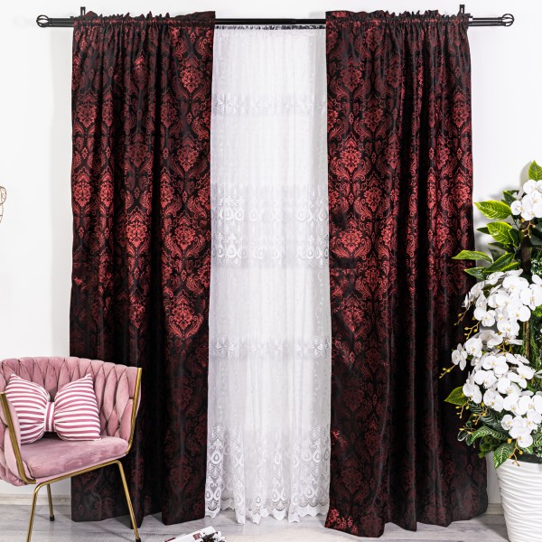 Set 2 bucati de Draperie din Jacquard Satinat - 200cm latime x 232cm inaltime x tiv lat, Negru - Rosu [1]