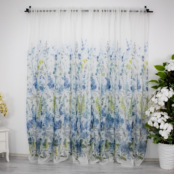 Perdea din matase imprimata - 500cm x 232cm , Rejansa pt. bara , flori albastre [1]