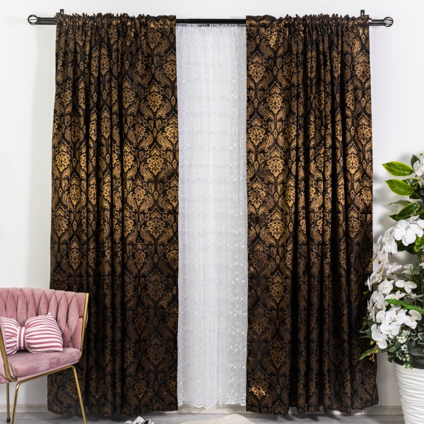  Set de 2 Draperii din Jacquard Satinat, Negru - Auriu, 200cm latime x 232cm inaltime, cu rejansa pt bara [1]