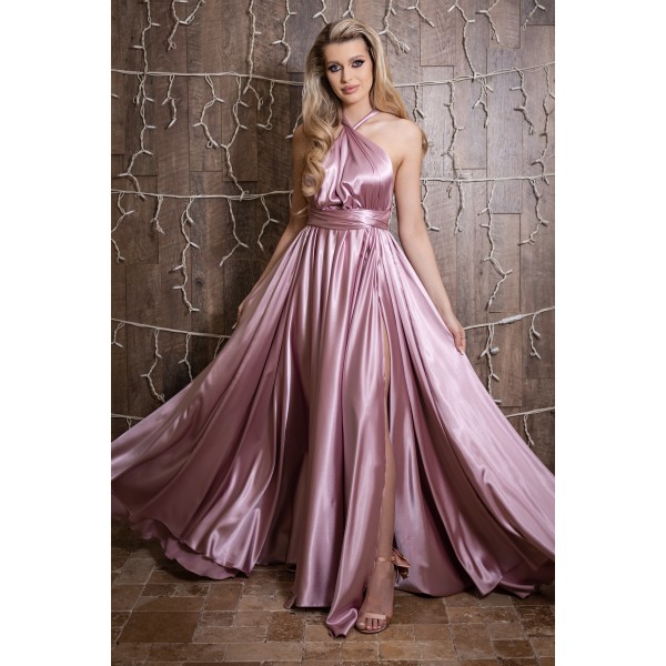 Rochie lunga Versatila din Satin, cu diverse moduri de purtare, Roz [1]