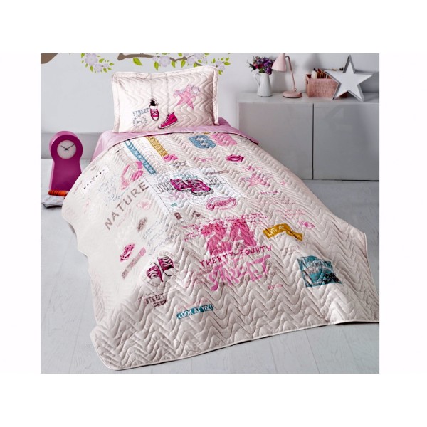Set cuvertura de pat single, 2 piese, Bumbac 100%, 180x240cm, Clasy, SUPER STAR V1 PEMBE [1]