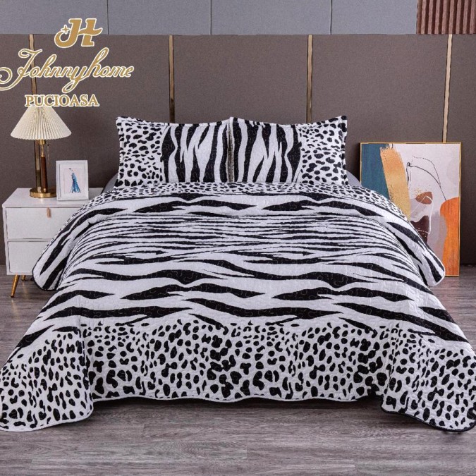 Cuvertura pentru pat dublu cu 2 fete matlasata Bumbac Satinat Superior Negru cercuri animal print