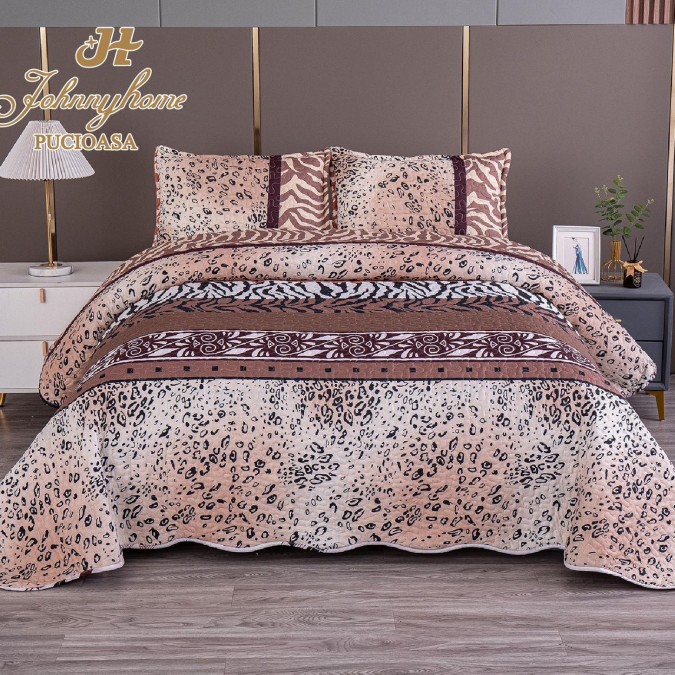 Cuvertura pentru pat dublu cu 2 fete, matlasata, Bumbac Satinat Superior, Maro, flori, animal print