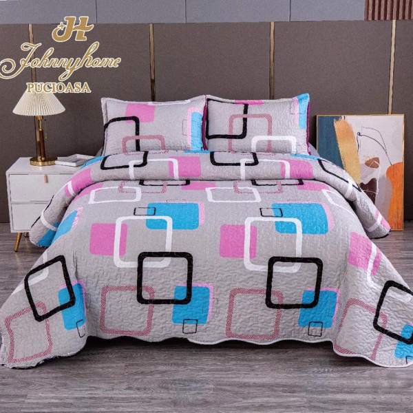 Cuvertura pentru pat dublu cu 2 fete, matlasata,  Gri, patrate, model floral [1]