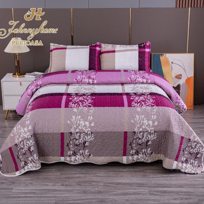 Cuvertura pentru pat dublu cu 2 fete, matlasata, Bumbac Satinat Superior, Gri, patrate, model floral