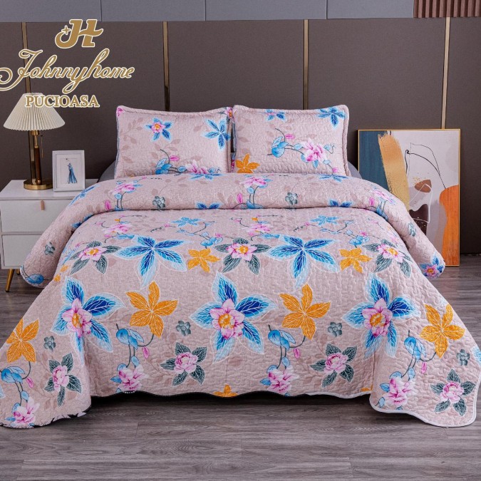 Cuvertura pentru pat dublu cu 2 fete, matlasata, Bumbac Satinat Superior, Gri, flori