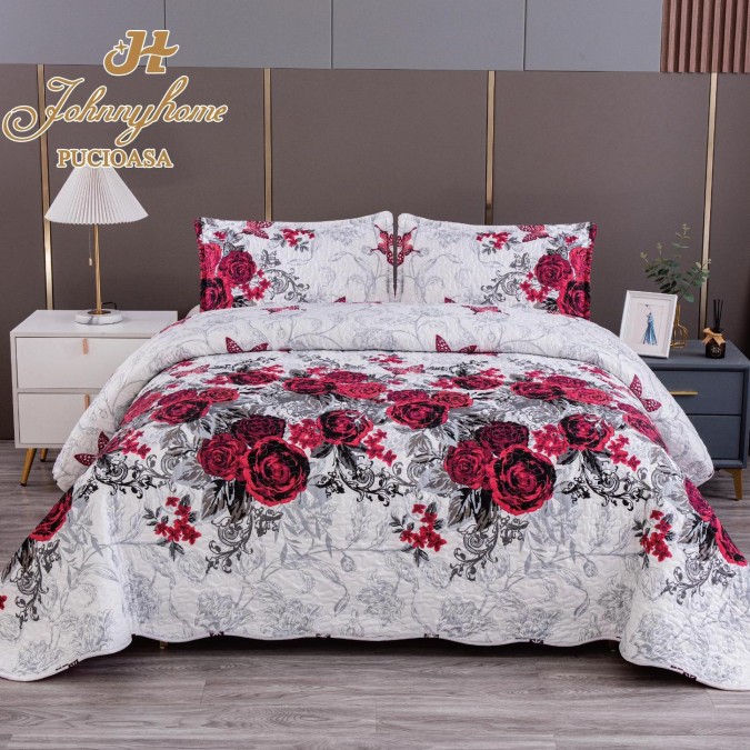 Cuvertura pentru pat dublu cu 2 fete, matlasata, Bumbac Satinat Superior, Rosu, flori