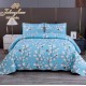 Cuvertura pentru pat dublu cu 2 fete, matlasata, Bumbac Satinat Superior, Albastru, buline, frunze