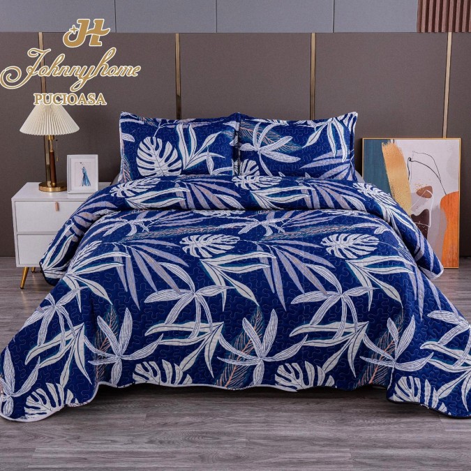 Cuvertura pentru pat dublu cu 2 fete, matlasata, Bumbac Satinat Superior, Albastru, model oriental, frunze