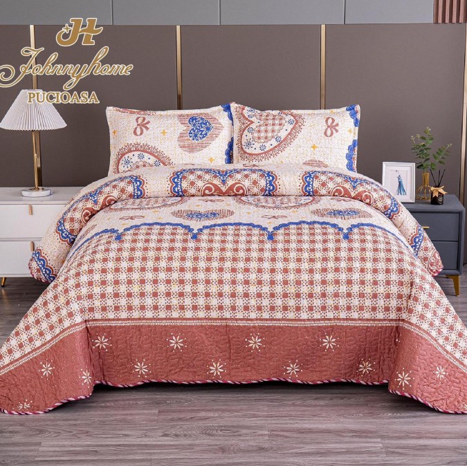 Cuvertura pentru pat dublu cu 2 fete, matlasata, Bumbac Satinat Superior, Maro, model clasic, flori