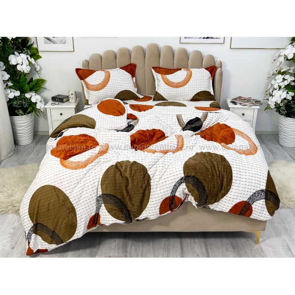 Lenjerie pat dublu, Super Pufoasa COCOLINO,cu ELASTIC, 4 piese, Crem-Maroniu, cercuri, buline [1]