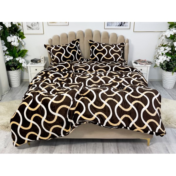 Lenjerie pat dublu, Super Pufoasa COCOLINO,cu ELASTIC, 4 piese, Bej, model cu linii [1]