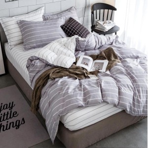 Lenjerie pat dublu (140x200cm, 160x200cm, 180x200cm), bumbac satinat, cearsaf clasic, 4 piese,  Gri, dungi Lenjerie pat dublu (140x200cm, 160x200cm, 180x200cm), bumbac satinat, cearsaf clasic, 4 piese,  Gri, dungi