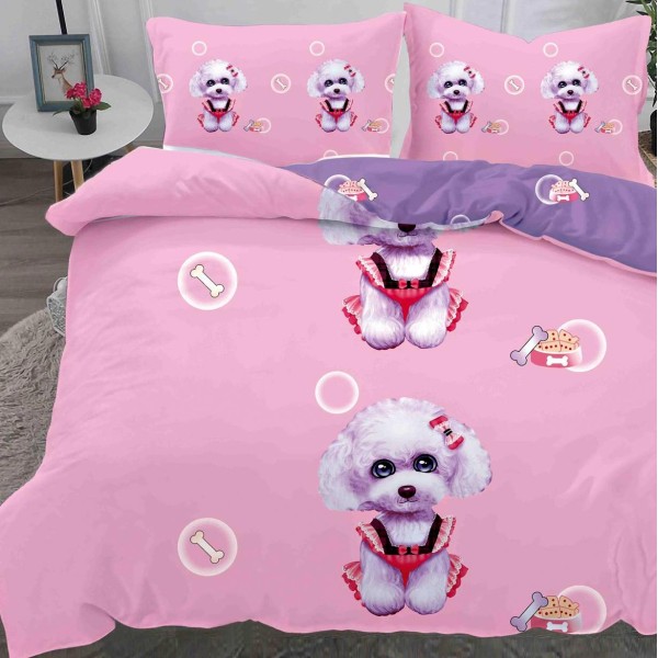 Lenjerie pat dublu,  IMPRIMEU 3D DIGITAL, IDENTIC CU POZA, Roz, catelusi [1]