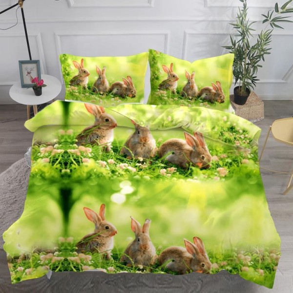 Lenjerie pat dublu,  IMPRIMEU 3D DIGITAL, IDENTIC CU POZA, Verde, iepurasi [1]