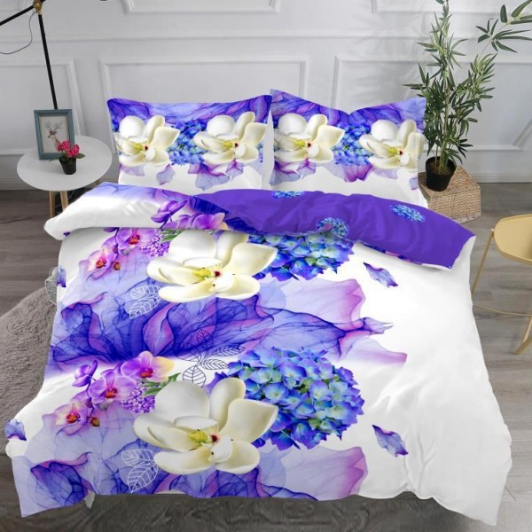 Lenjerie pat dublu,  IMPRIMEU 3D DIGITAL, IDENTIC CU POZA, Mov, flori [1]