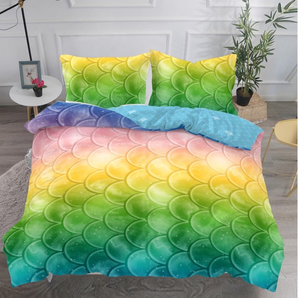 Lenjerie pat dublu,  IMPRIMEU 3D DIGITAL, IDENTIC CU POZA, Multicolor, solzi [1]
