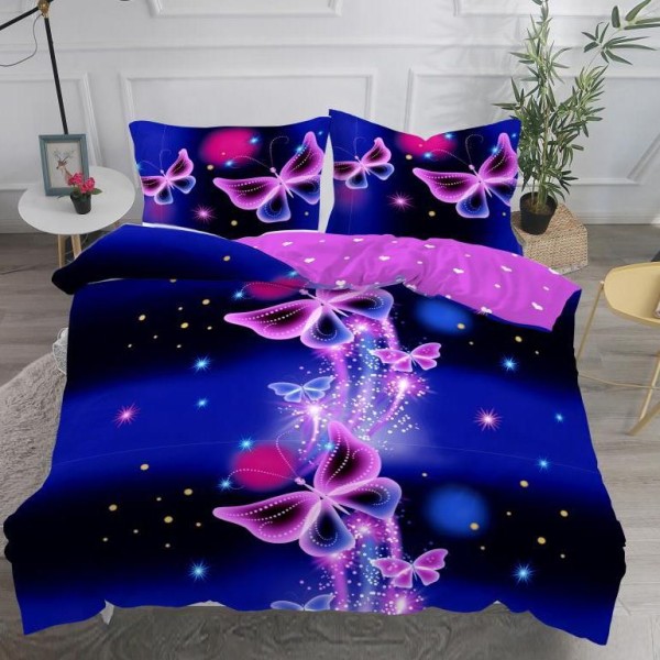 Lenjerie pat dublu,  IMPRIMEU 3D DIGITAL, IDENTIC CU POZA, Mov, fluturi [1]