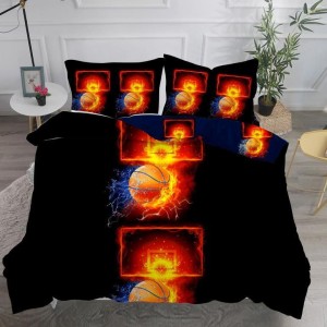 Lenjerie pat dublu,  IMPRIMEU 3D DIGITAL, IDENTIC CU POZA, Negru, minge de baschet