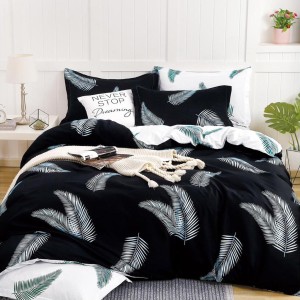 Lenjerie pat dublu cu Elastic, bumbac satinat, Negru, frunze