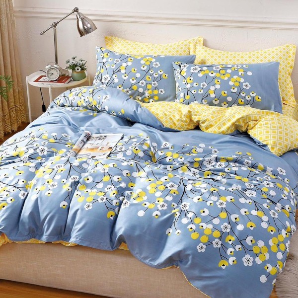 Lenjerie pat dublu cu Elastic (160x200cm si 180x200cm), bumbac satinat, Bleu, flori [1]