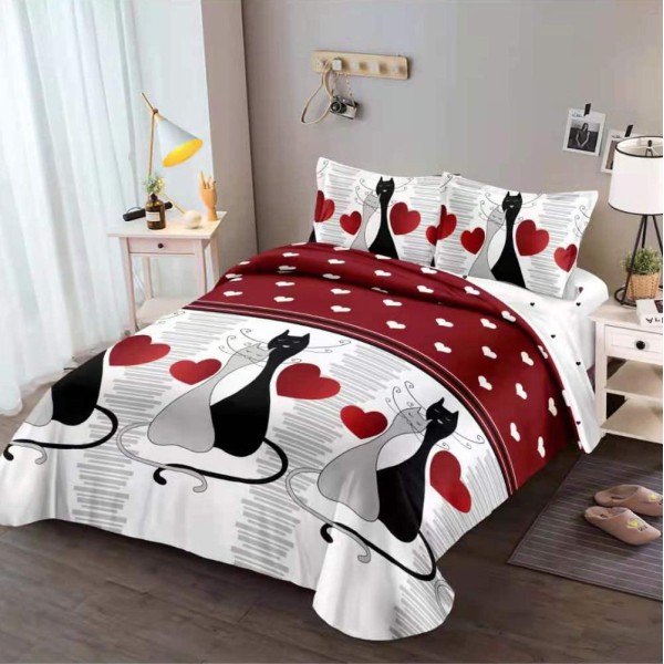 Lenjerie pat dublu cu Elastic (160x200cm si 180x200cm), bumbac satinat, Gri-Rosu, pisici, inimioare [1]