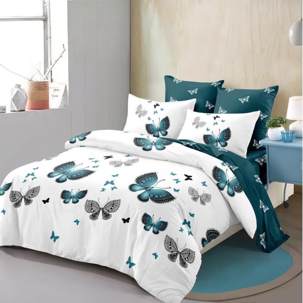 Lenjerie pat dublu (160x200cm, 180x200cm),  FINET, 6 piese, cu ELASTIC, Turquoise, fluturi [1]