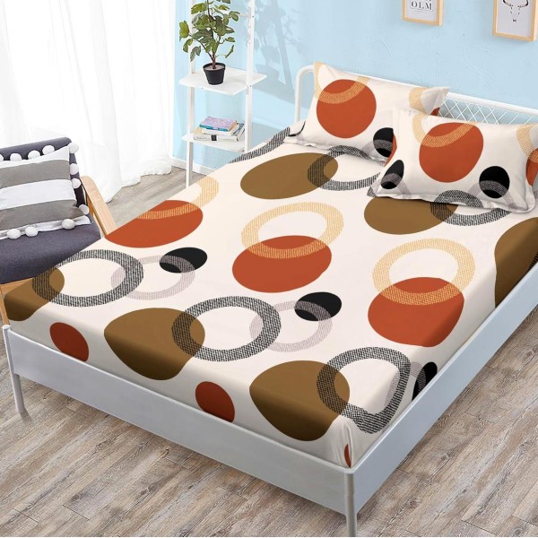 Cearsaf cu elastic, FINET, 180x200cm, 2 fete de perne 50x70cm, Maro, cercuri [1]
