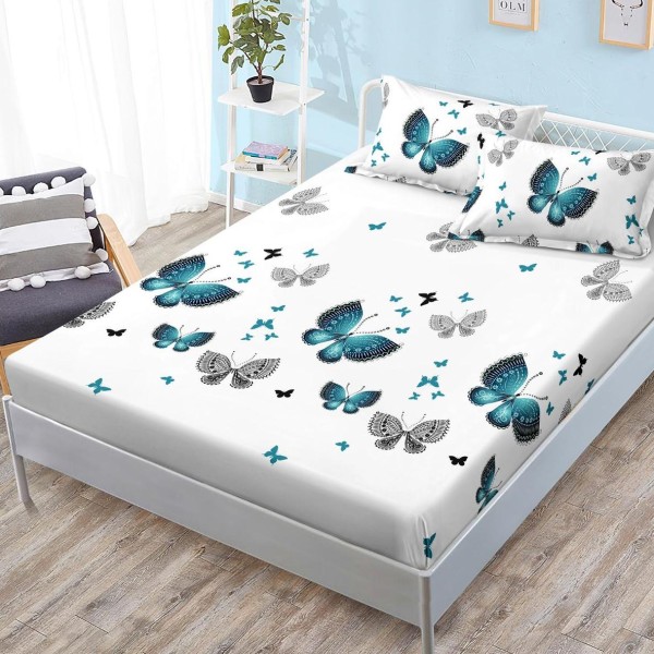 Cearsaf cu elastic, FINET, 180x200cm, 2 fete de perne 50x70cm, Turquoise, fluturi [1]