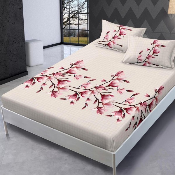Cearsaf cu elastic, FINET, 180x200cm, 2 fete de perne 50x70cm, Bej, magnolii [1]