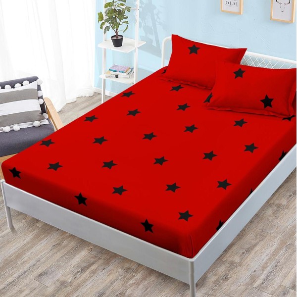 Cearsaf cu elastic, FINET, 180x200cm, 2 fete de perne 50x70cm, Rosu, stelute [1]