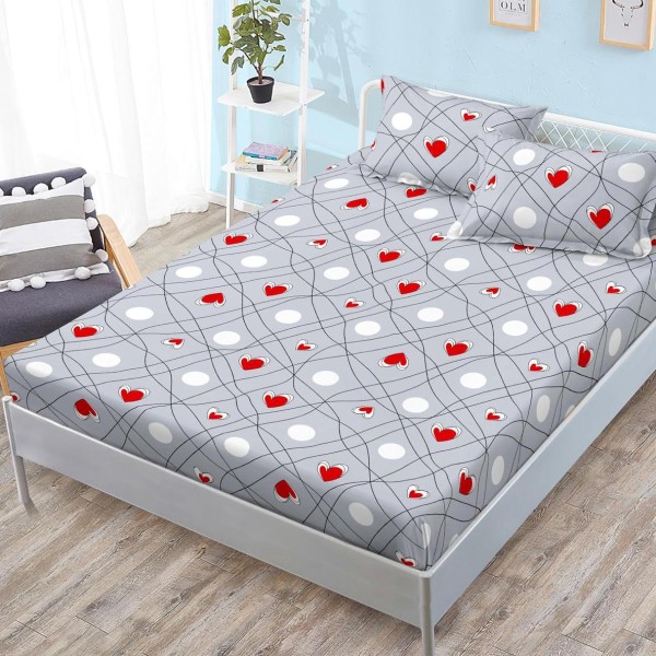 Cearsaf cu elastic, FINET, 180x200cm, 2 fete de perne 50x70cm, Gri, inimioare [1]