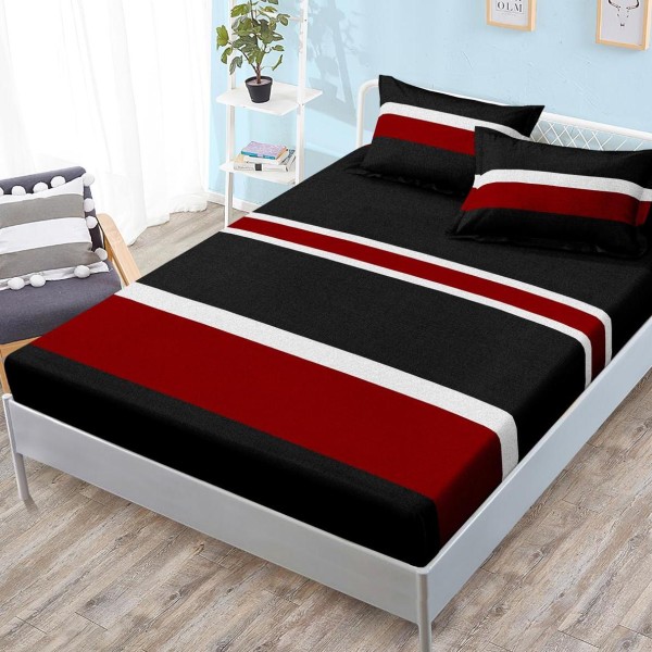 Cearsaf cu elastic, FINET, 180x200cm, 2 fete de perne 50x70cm, Negru, dungi [1]