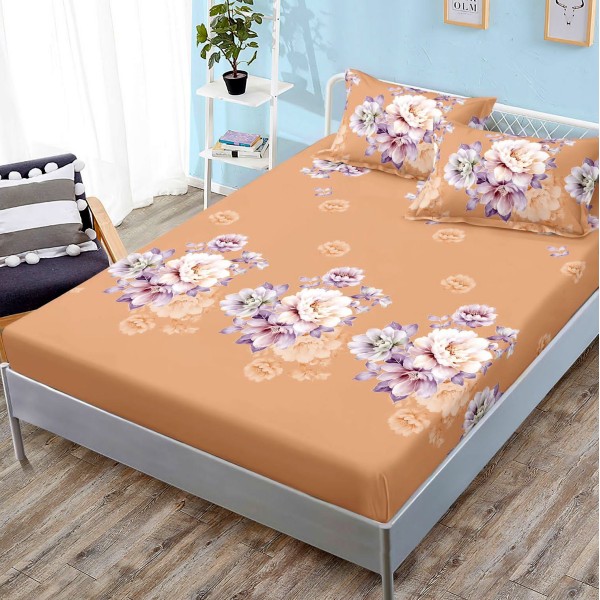 Cearsaf cu elastic, FINET, 180x200cm, 2 fete de perne 50x70cm, Bej, flori [1]