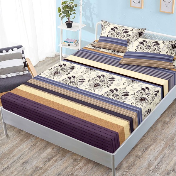 Cearsaf cu elastic, FINET, 180x200cm, 2 fete de perne 50x70cm, Mov, dungi, model oriental [1]