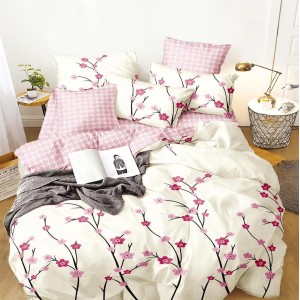 Lenjerie pat dublu cu Elastic, bumbac satinat, Roz, flori