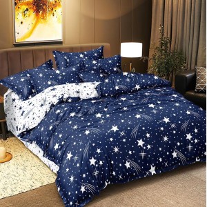 Lenjerie pat dublu cu Elastic, bumbac satinat, Albastru, stelute Lenjerie pat dublu cu Elastic, bumbac satinat, Albastru, stelute