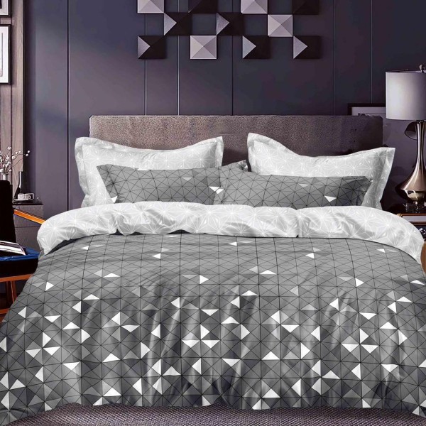 Lenjerie pat dublu cu Elastic (160x200cm si 180x200cm), bumbac satinat, Gri, forme geometrice [1]