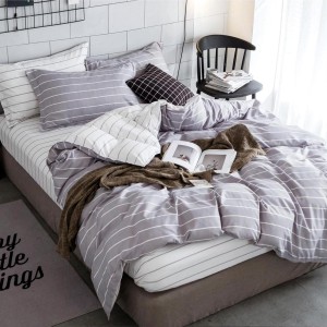 Lenjerie pat dublu cu Elastic (160x200cm si 180x200cm), bumbac satinat, Gri, dungi Lenjerie pat dublu cu Elastic (160x200cm si 180x200cm), bumbac satinat, Gri, dungi