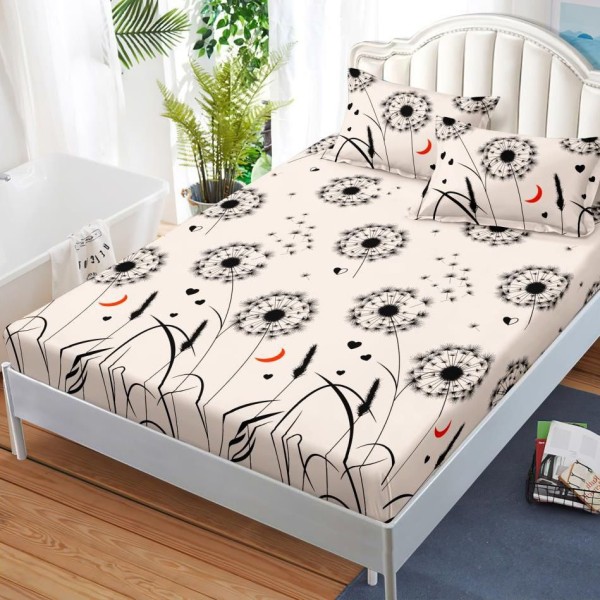 Cearsaf cu elastic, FINET, 180x200cm, 2 fete de perne 50x70cm, Negru, papadii, inimioare [1]