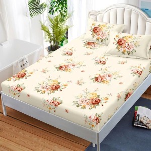 Cearsaf cu elastic, FINET, 180x200cm, 2 fete de perne 50x70cm, Crem, flori Cearsaf cu elastic, FINET, 180x200cm, 2 fete de perne 50x70cm, Crem, flori