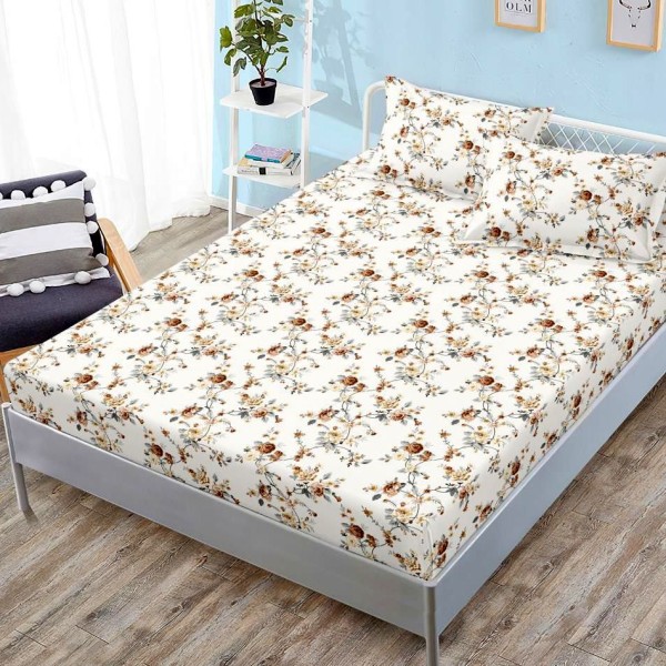 Cearsaf cu elastic, FINET, 180x200cm, 2 fete de perne 50x70cm, Bej, flori [1]